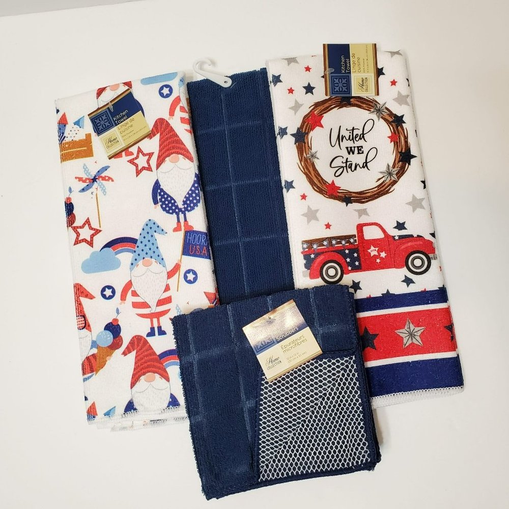 Patriotic Kitchen Towels, Set of 5, July 4th Red White Blue Gnome NWT